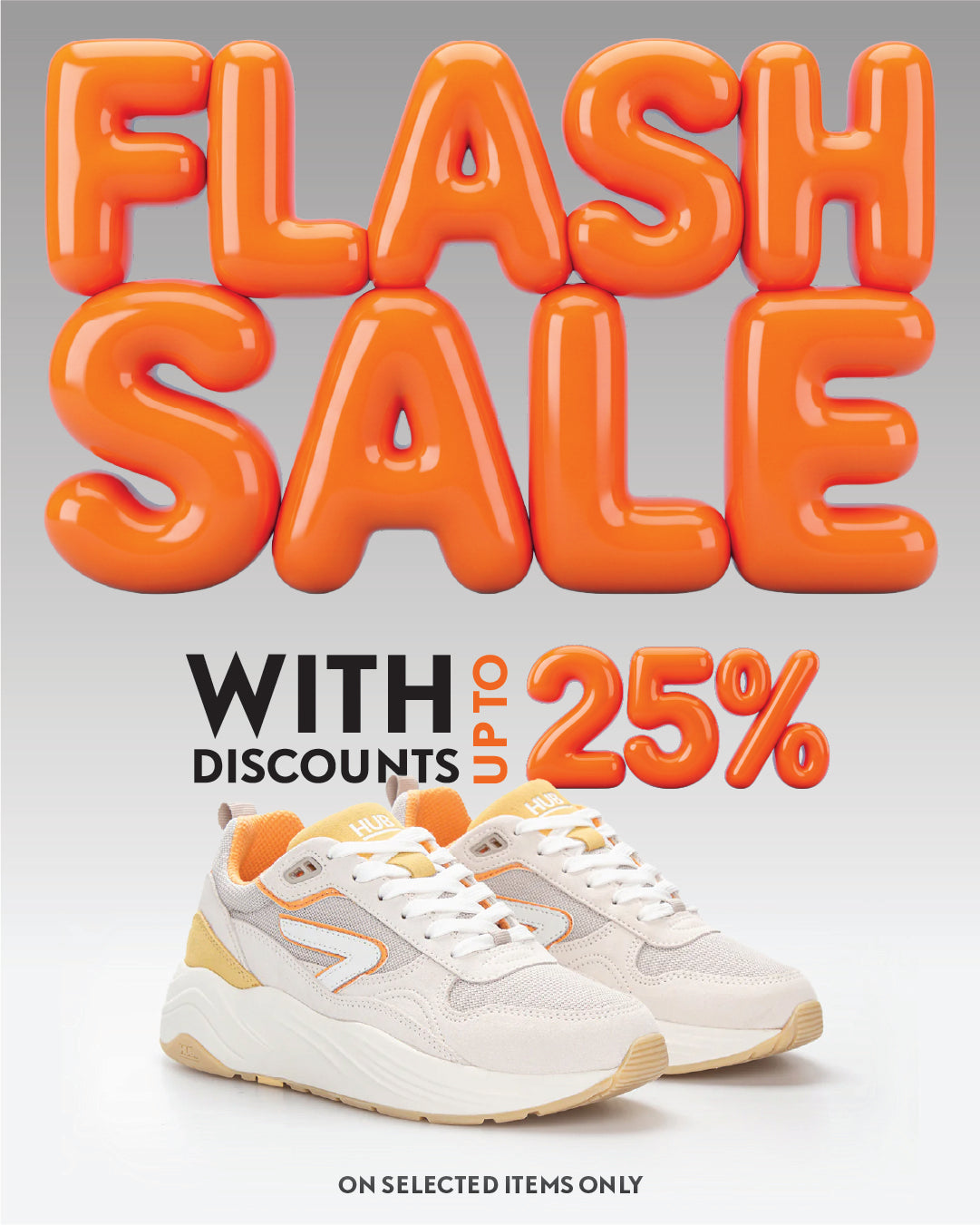 Promotional graphic with 'Flash Sale' text and a pair of sneakers on a light gray background.