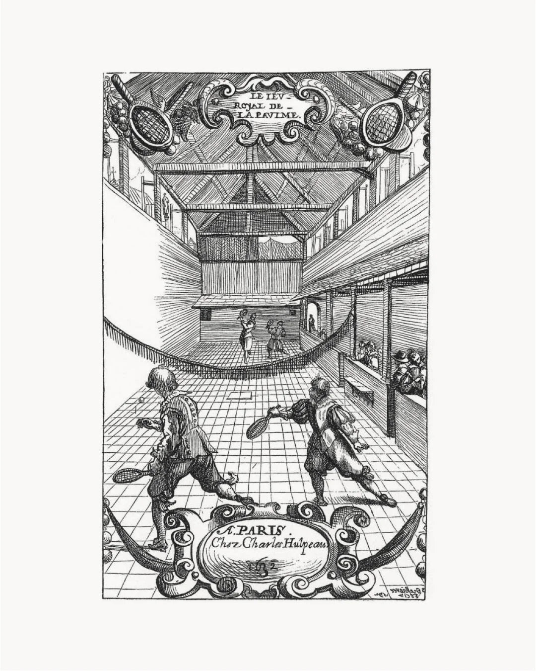 Vintage illustration of a real tennis match in an indoor court, Paris, 17th century.